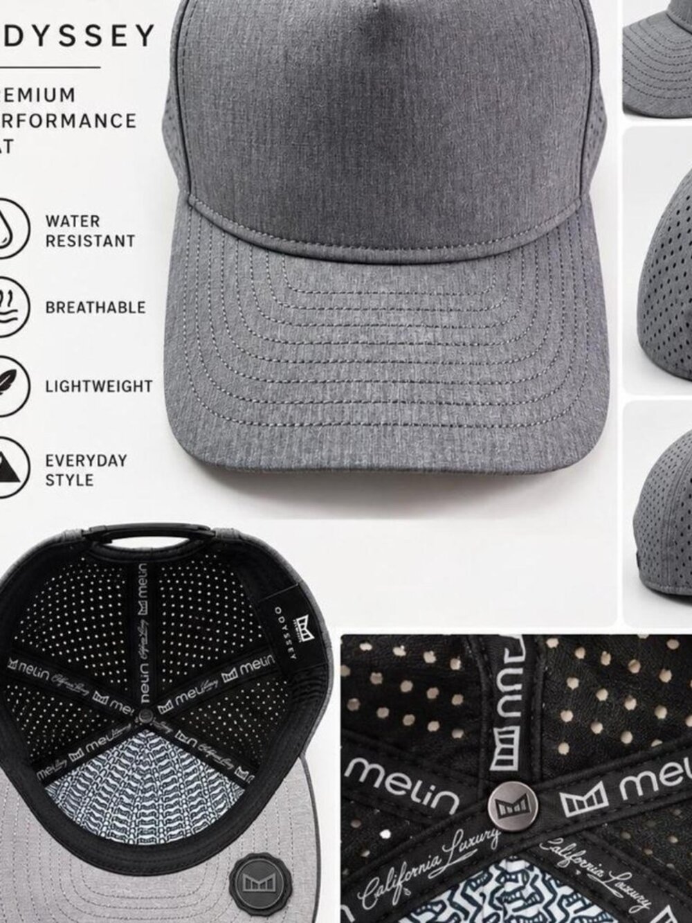Melin Odyssey Performance Snapback Hat Gray Water Resistant Breathable Cap